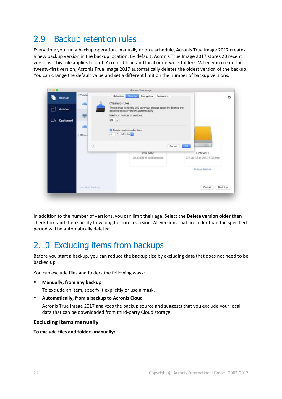 9 backup retention rules, 10 excluding items from backups, Backup retention rules | Excluding items from backups, P. 21) | Acronis True Image 2017 NG User Manual | Page 21 / 46