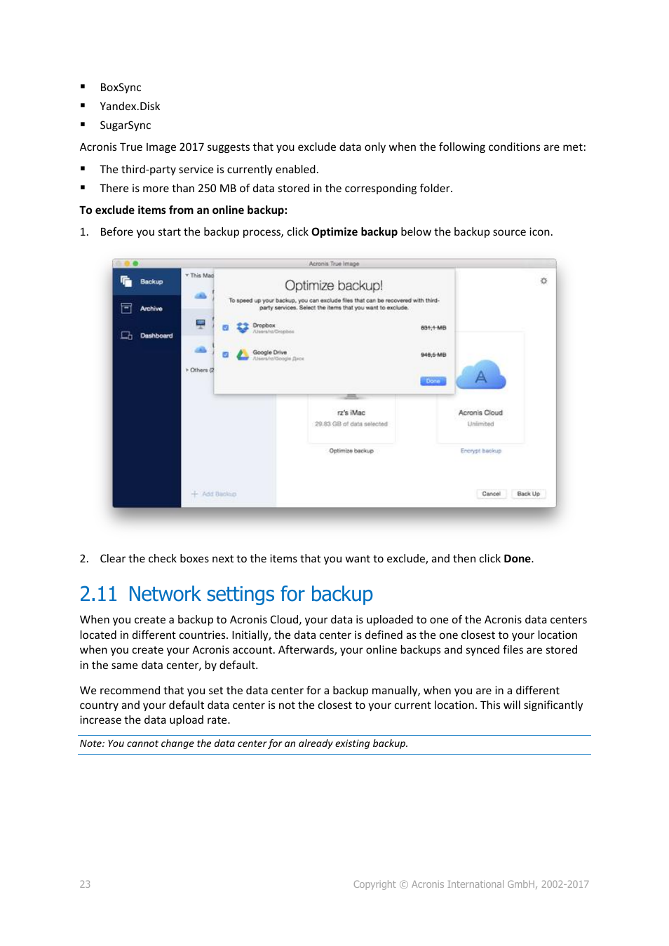 11 network settings for backup, Network settings for backup | Acronis True Image 2017 NG User Manual | Page 23 / 46