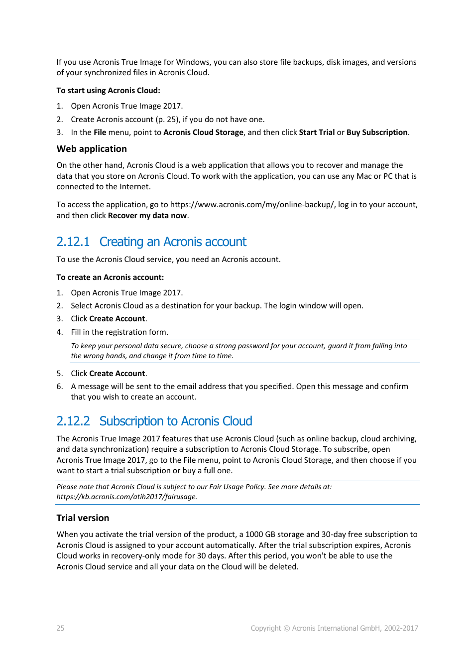 1 creating an acronis account, 2 subscription to acronis cloud | Acronis True Image 2017 NG User Manual | Page 25 / 46