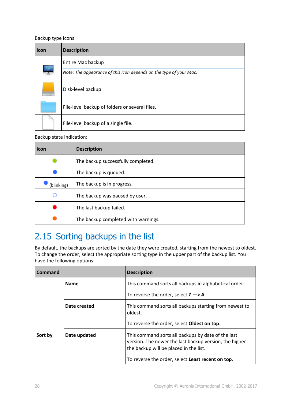 15 sorting backups in the list, Sorting backups in the list | Acronis True Image 2017 NG User Manual | Page 28 / 46