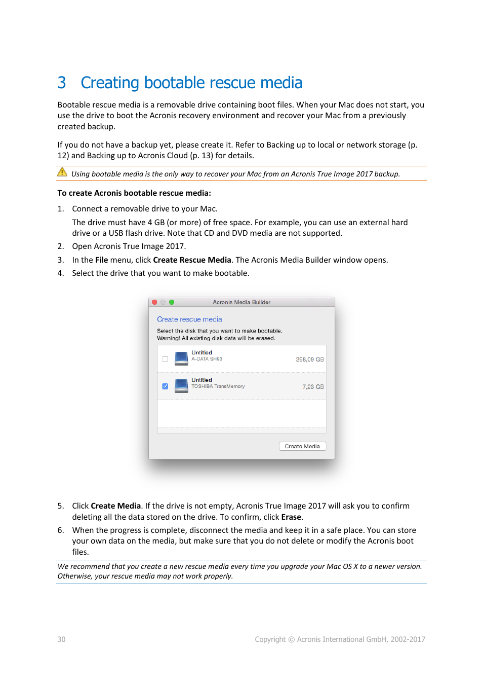 3 creating bootable rescue media, Creating bootable rescue media, P. 30) | Acronis True Image 2017 NG User Manual | Page 30 / 46