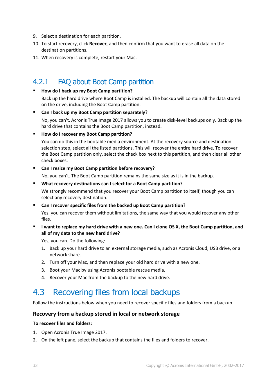 1 faq about boot camp partition, 3 recovering files from local backups, Faq about boot camp partition | Recovering files from local backups, P. 33) | Acronis True Image 2017 NG User Manual | Page 33 / 46