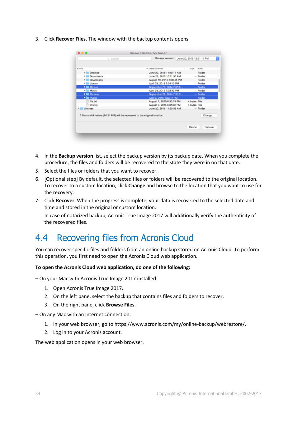 4 recovering files from acronis cloud, Recovering files from acronis cloud | Acronis True Image 2017 NG User Manual | Page 34 / 46