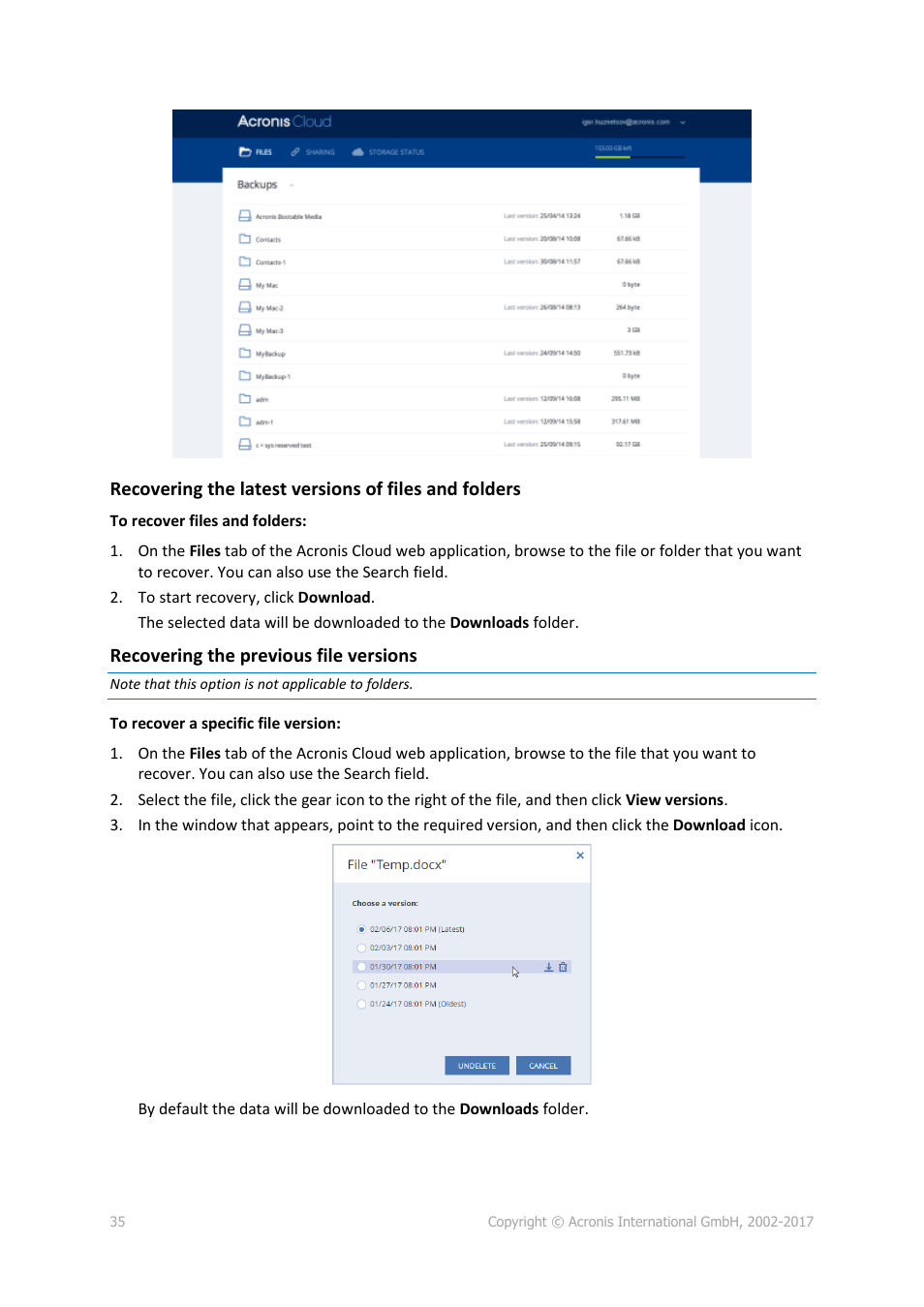 Recovering the previous file versions | Acronis True Image 2017 NG User Manual | Page 35 / 46