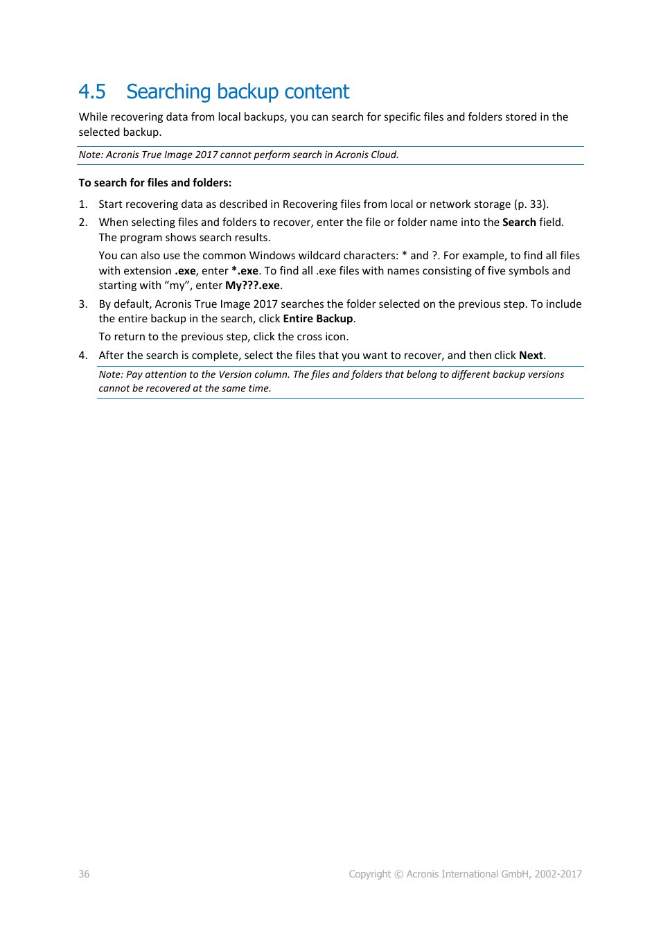5 searching backup content, Searching backup content | Acronis True Image 2017 NG User Manual | Page 36 / 46