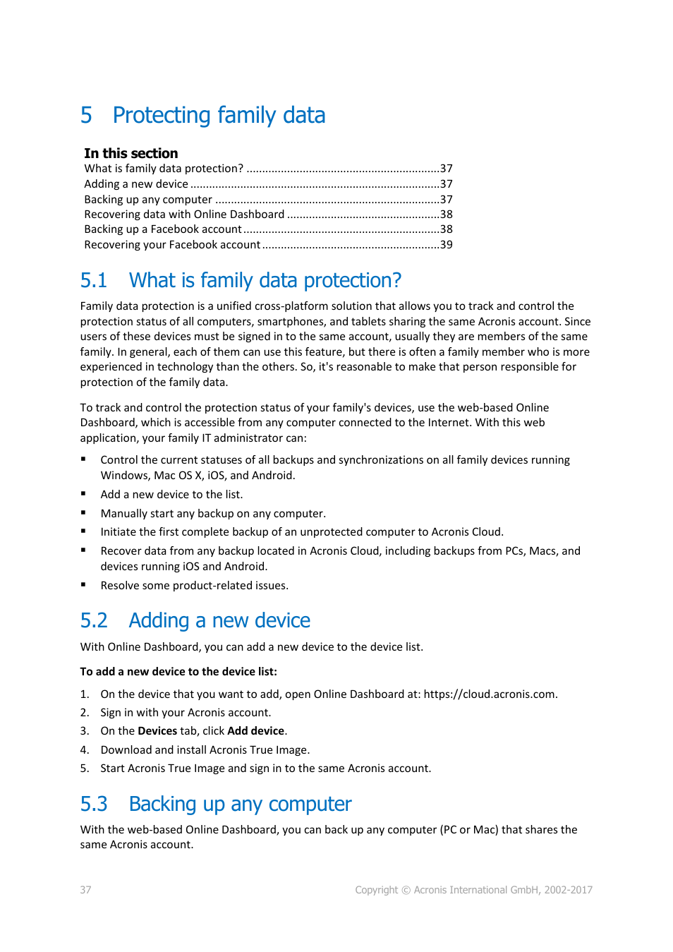 5 protecting family data, 1 what is family data protection, 2 adding a new device | 3 backing up any computer, Protecting family data, What is family data protection, Adding a new device, Backing up any computer | Acronis True Image 2017 NG User Manual | Page 37 / 46