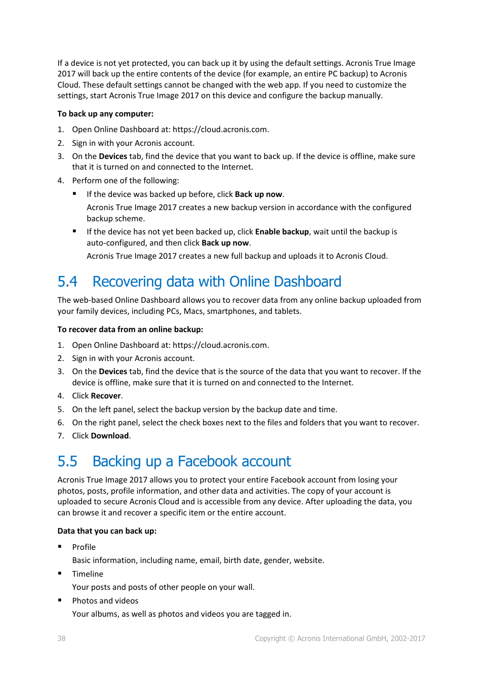 4 recovering data with online dashboard, 5 backing up a facebook account, Recovering data with online dashboard | Backing up a facebook account | Acronis True Image 2017 NG User Manual | Page 38 / 46