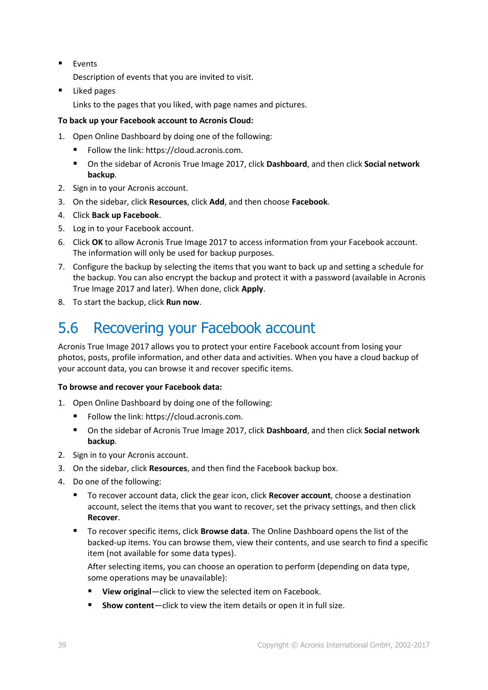 6 recovering your facebook account, Recovering your facebook account | Acronis True Image 2017 NG User Manual | Page 39 / 46