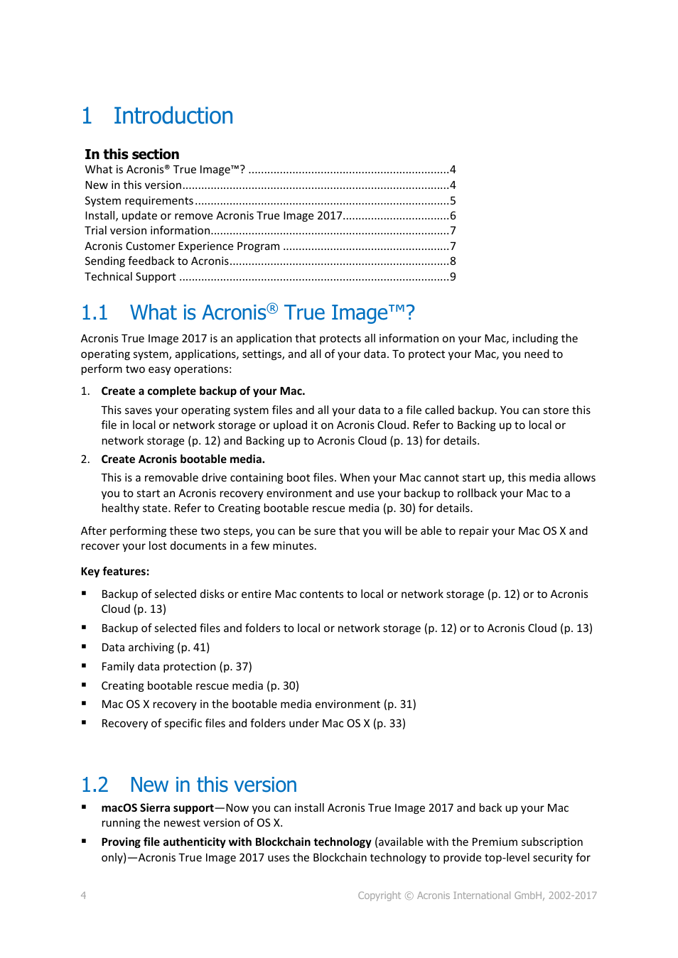 1 introduction, 1 what is acronis® true image, 2 new in this version | Introduction, What is acronis® true image, New in this version, 1 what is acronis, True image | Acronis True Image 2017 NG User Manual | Page 4 / 46