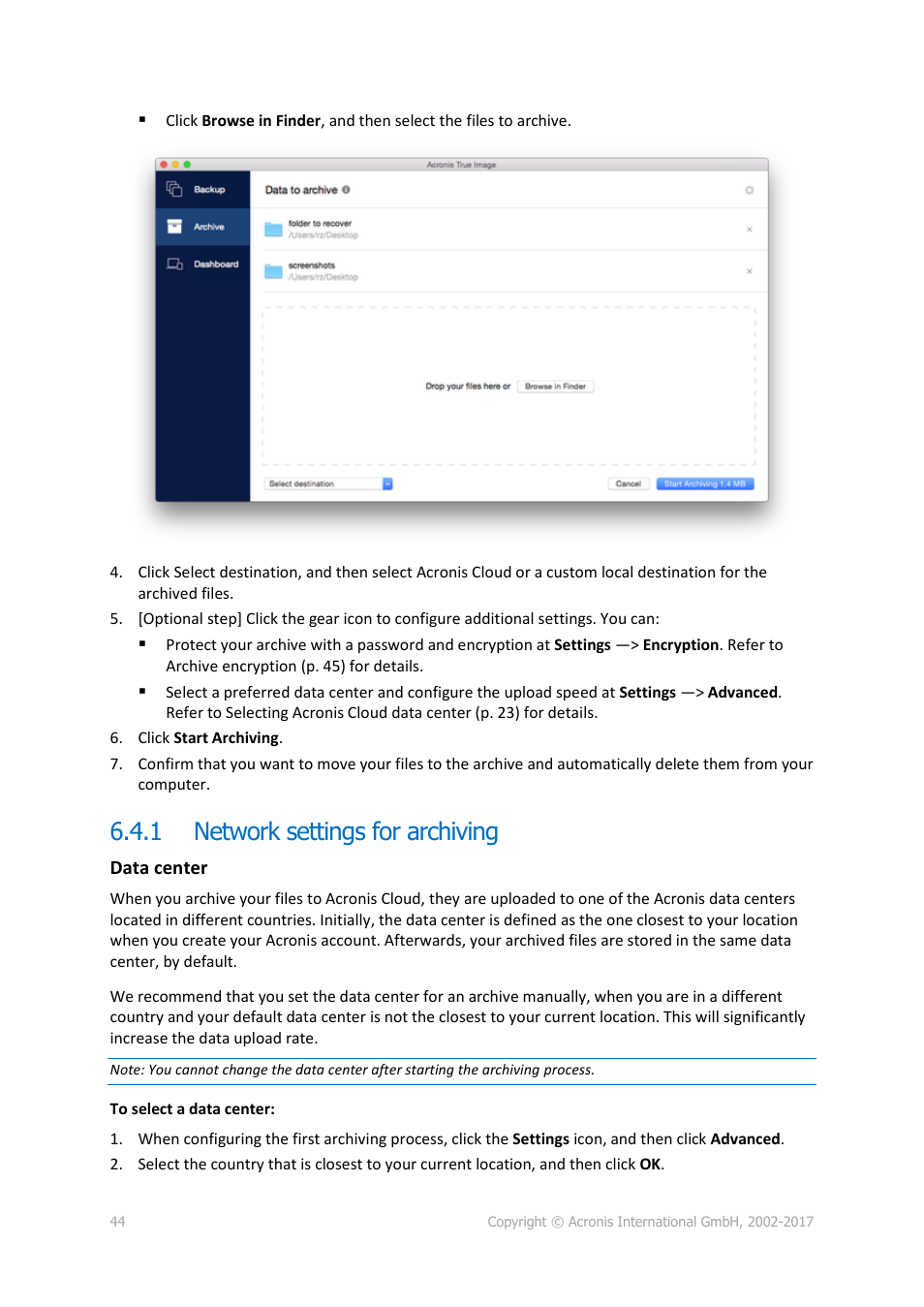1 network settings for archiving, Network settings for archiving | Acronis True Image 2017 NG User Manual | Page 44 / 46
