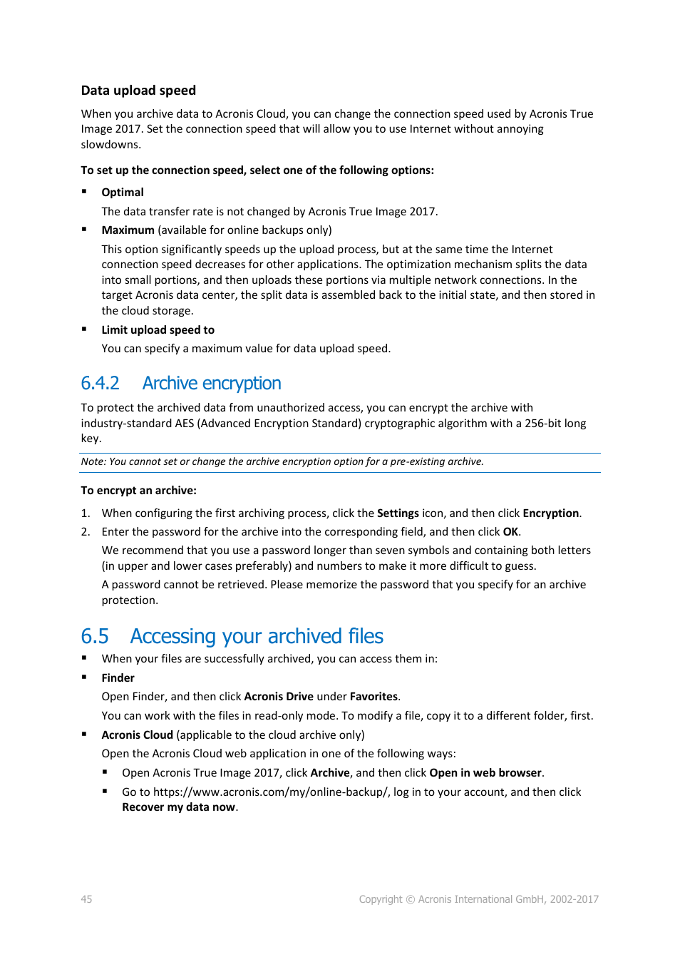 2 archive encryption, 5 accessing your archived files, Archive encryption | Accessing your archived files | Acronis True Image 2017 NG User Manual | Page 45 / 46