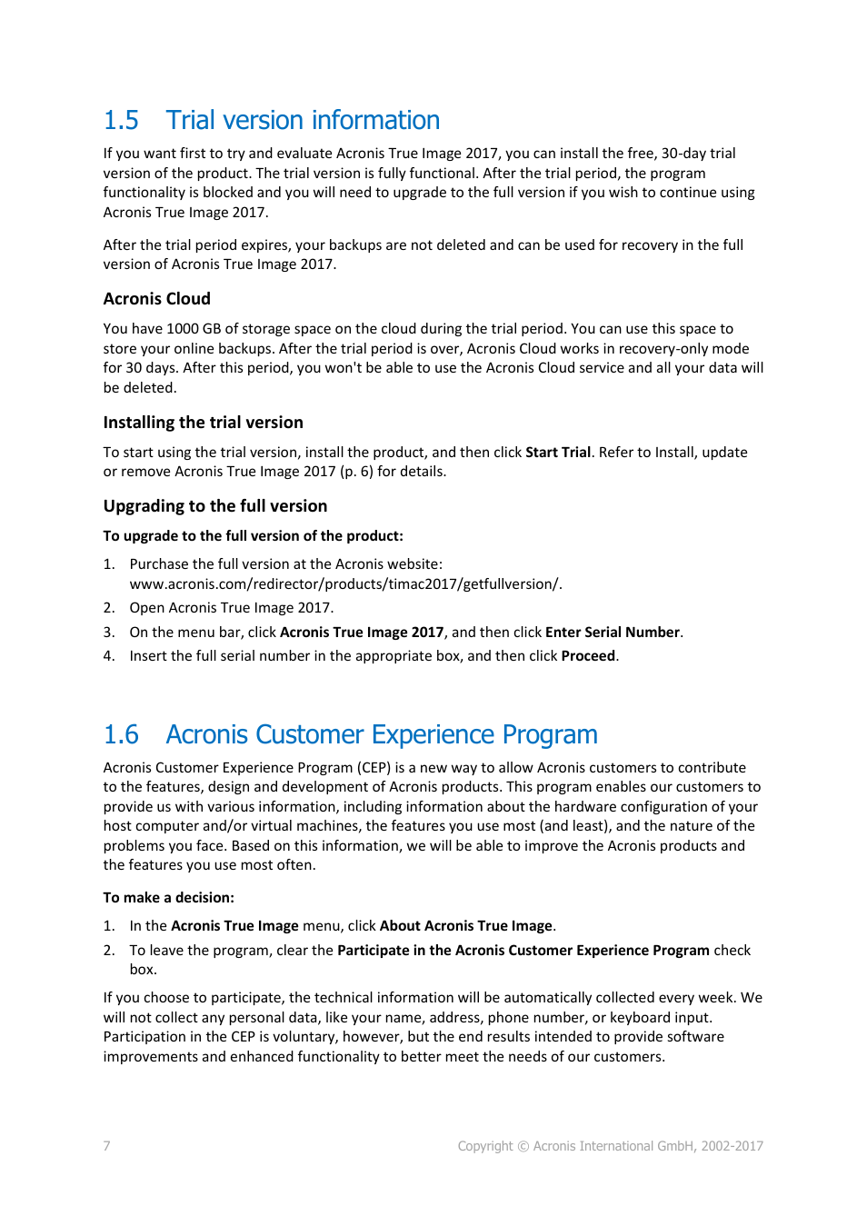 5 trial version information, 6 acronis customer experience program, Trial version information | Acronis customer experience program | Acronis True Image 2017 NG User Manual | Page 7 / 46