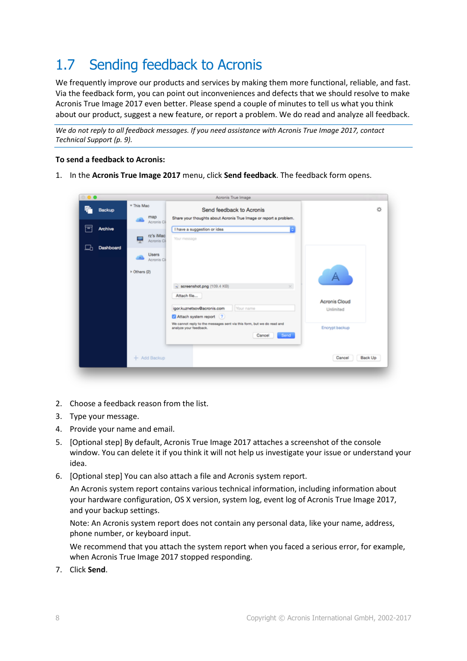 7 sending feedback to acronis, Sending feedback to acronis | Acronis True Image 2017 NG User Manual | Page 8 / 46