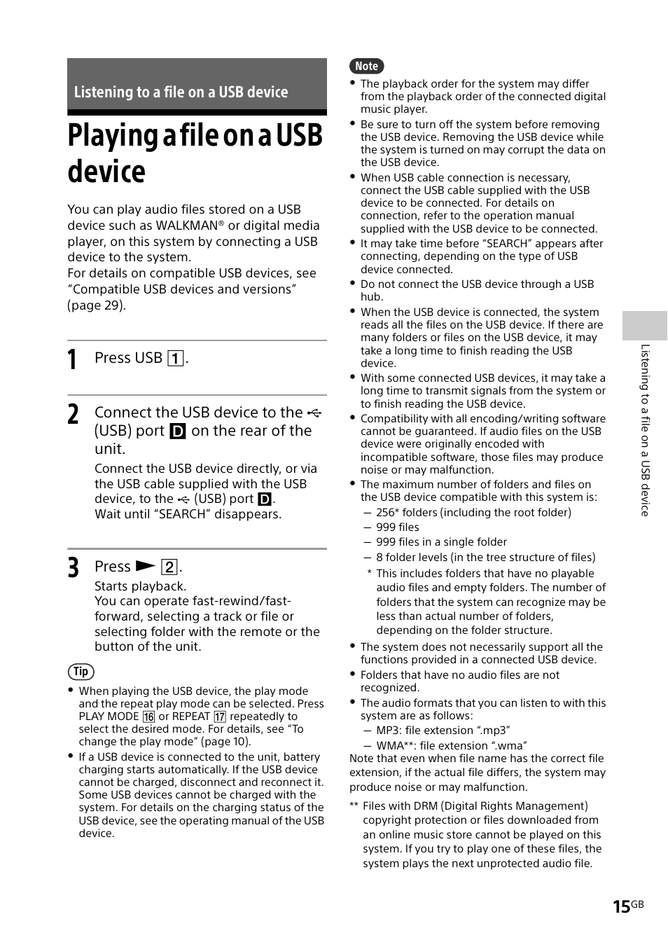Listening to a file on a usb device, Playing a file on a usb device, Press usb | Press | Sony CMT-X3CD User Manual | Page 15 / 36