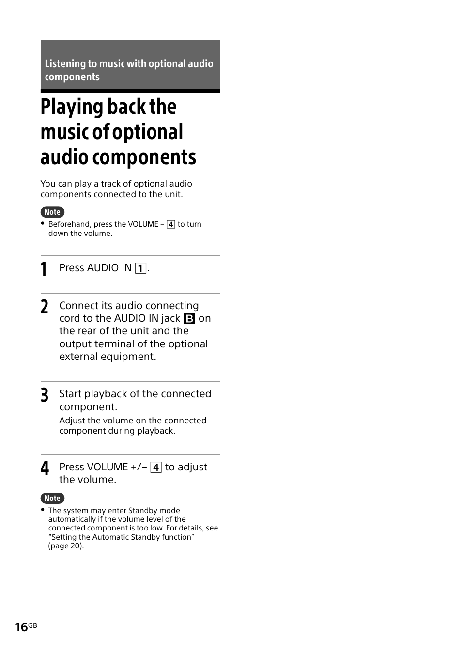 Listening to music with optional audio components | Sony CMT-X3CD User Manual | Page 16 / 36