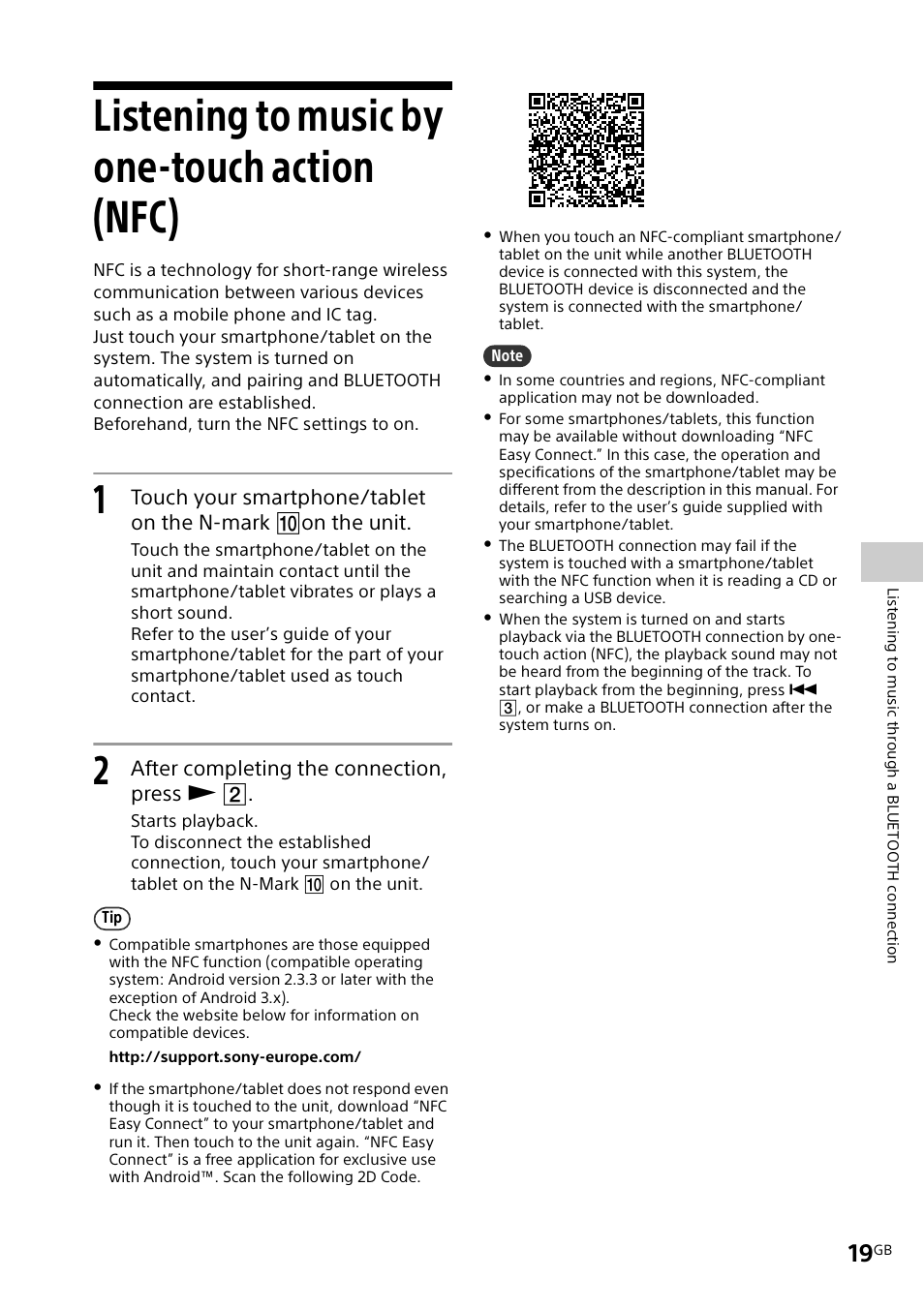 Listening to music by one-touch action (nfc), After completing the connection, press | Sony CMT-X3CD User Manual | Page 19 / 36