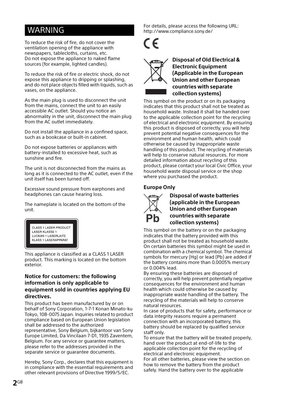 Warning | Sony CMT-X3CD User Manual | Page 2 / 36