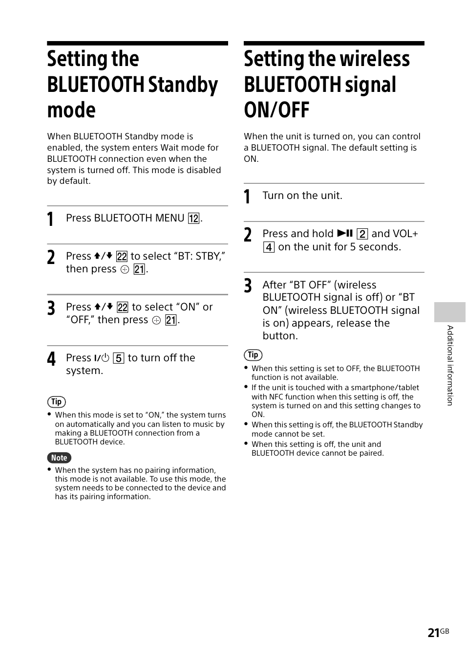 Setting the bluetooth standby mode, Setting the wireless bluetooth signal on/off | Sony CMT-X3CD User Manual | Page 21 / 36