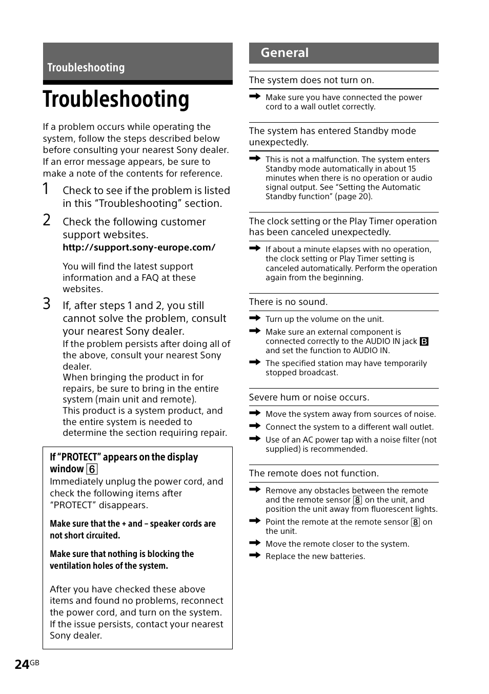 Troubleshooting, General | Sony CMT-X3CD User Manual | Page 24 / 36