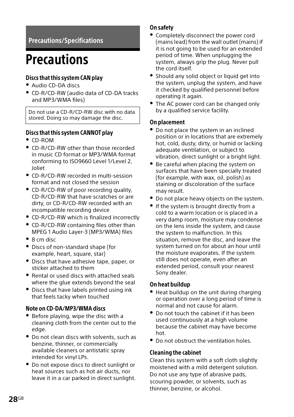 Precautions/specifications, Precautions | Sony CMT-X3CD User Manual | Page 28 / 36