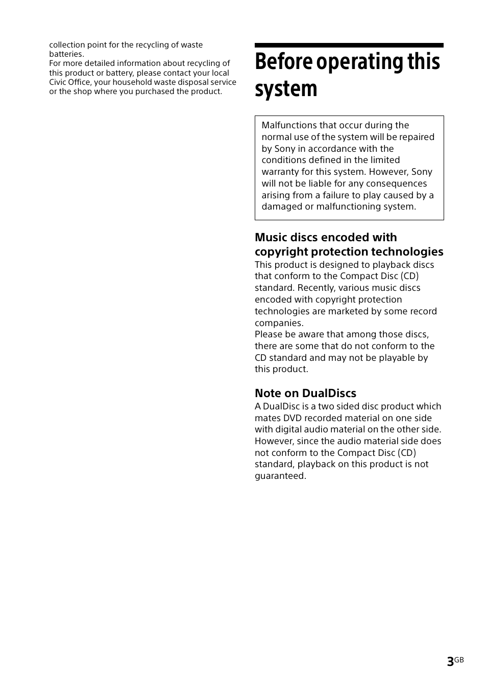 Before operating this system | Sony CMT-X3CD User Manual | Page 3 / 36