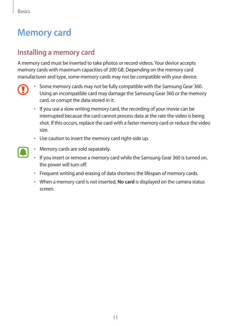 Memory card, 11 memory card | Samsung Gear 360 SM-C200 User Manual | Page 11 / 50
