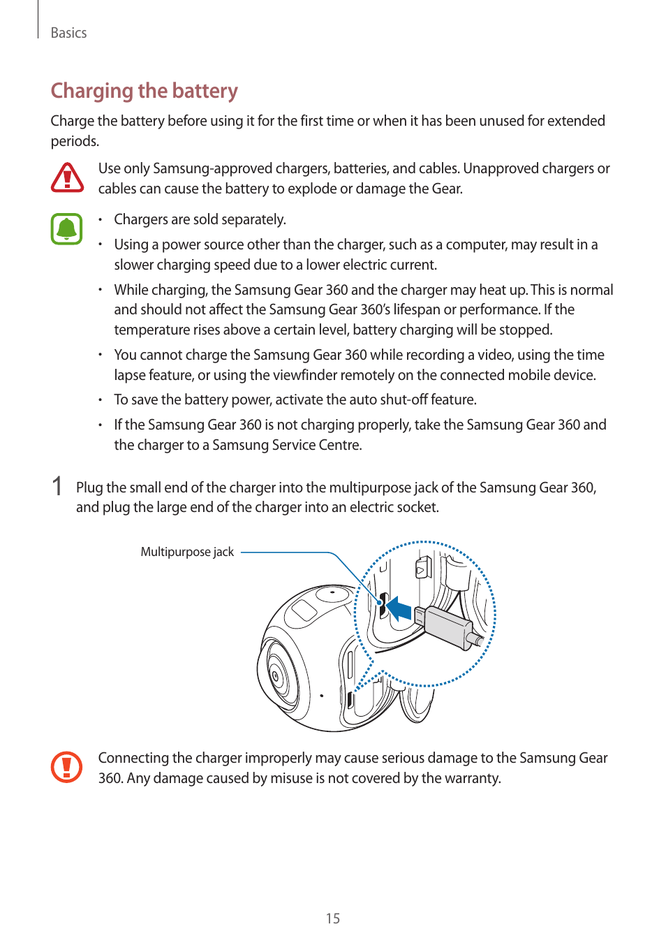 Charging the battery | Samsung Gear 360 SM-C200 User Manual | Page 15 / 50