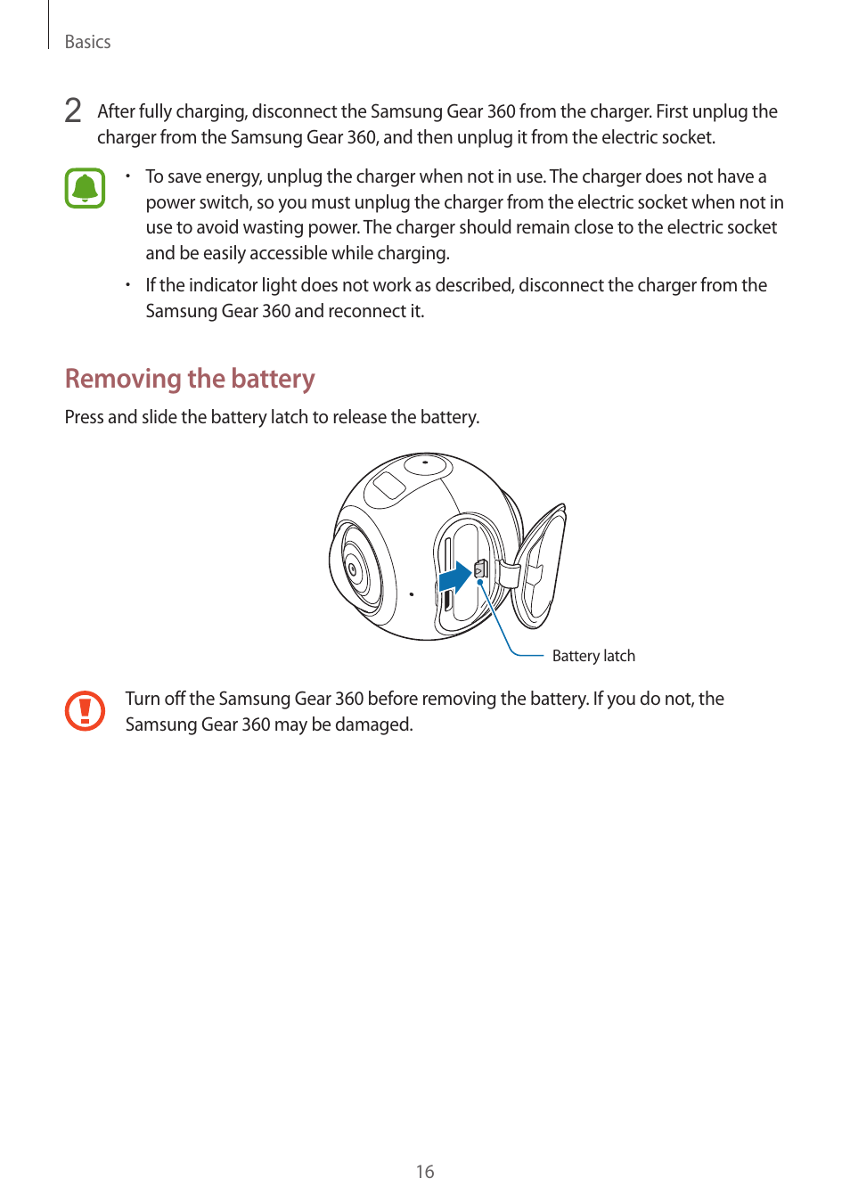 Removing the battery | Samsung Gear 360 SM-C200 User Manual | Page 16 / 50