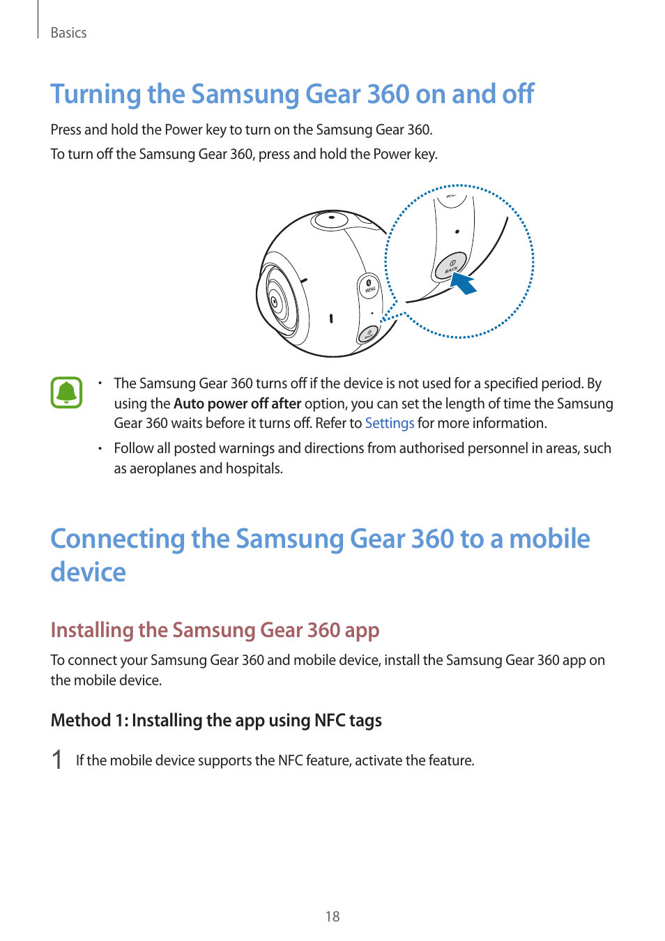 Turning the samsung gear 360 on and off, Connecting the samsung gear 360 to a mobile device, 18 turning the samsung gear 360 on and | 18 connecting the samsung gear 360 to, A mobile device, Installing the samsung gear 360 app | Samsung Gear 360 SM-C200 User Manual | Page 18 / 50