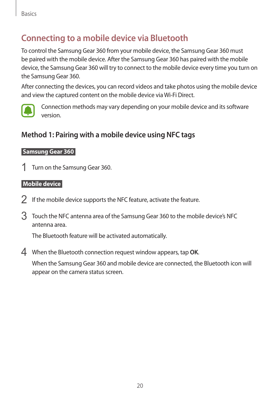 Connecting to a mobile device via bluetooth | Samsung Gear 360 SM-C200 User Manual | Page 20 / 50