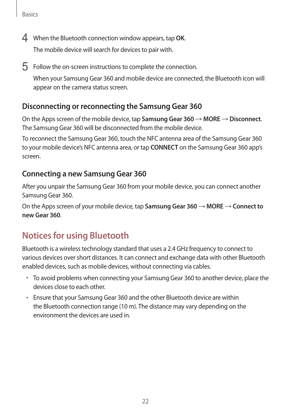 Notices for using bluetooth | Samsung Gear 360 SM-C200 User Manual | Page 22 / 50