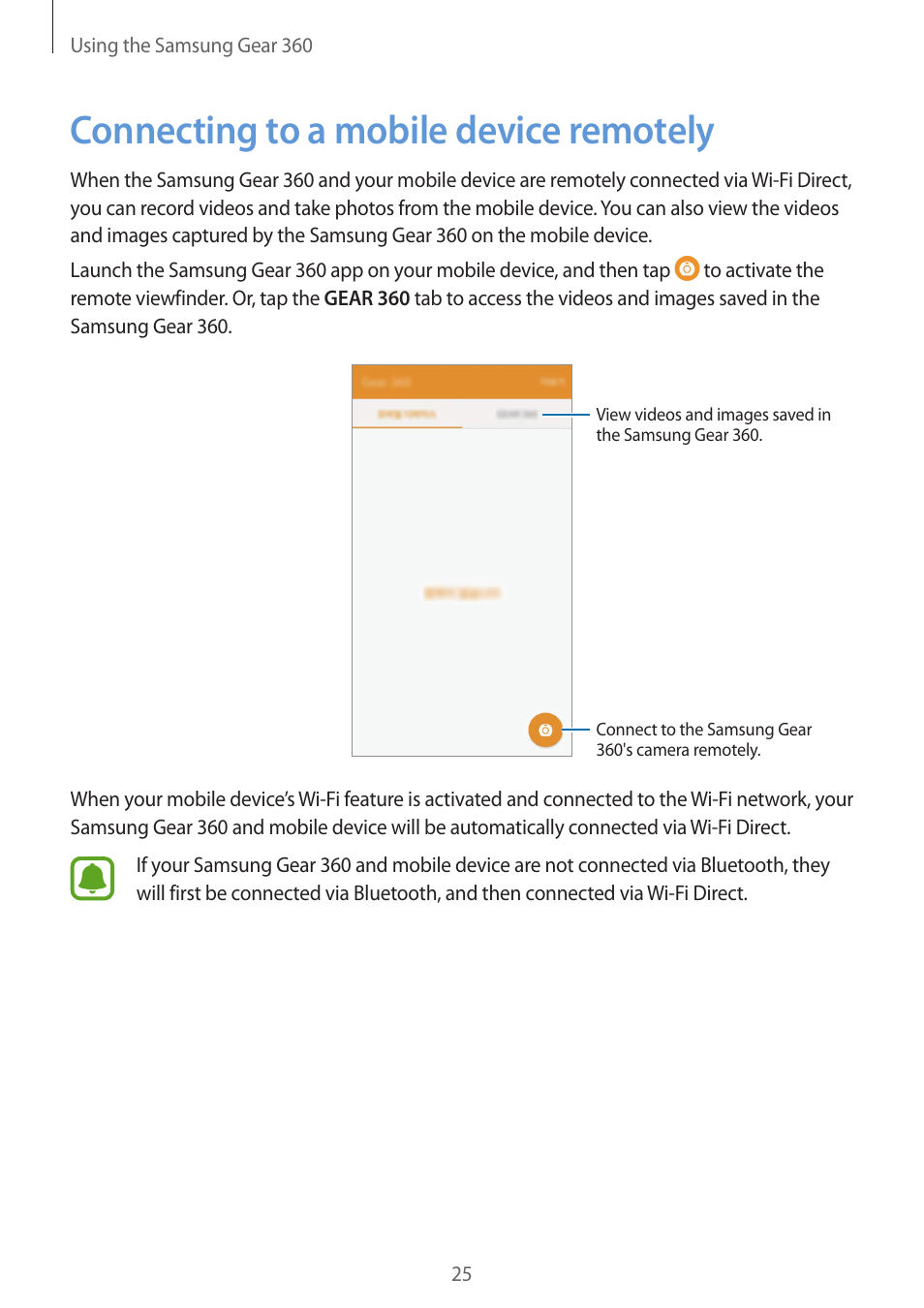 Connecting to a mobile device remotely, 25 connecting to a mobile device, Remotely | Samsung Gear 360 SM-C200 User Manual | Page 25 / 50