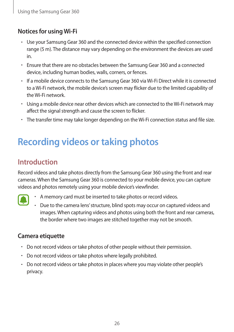 Recording videos or taking photos, 26 recording videos or taking photos, Introduction | Samsung Gear 360 SM-C200 User Manual | Page 26 / 50