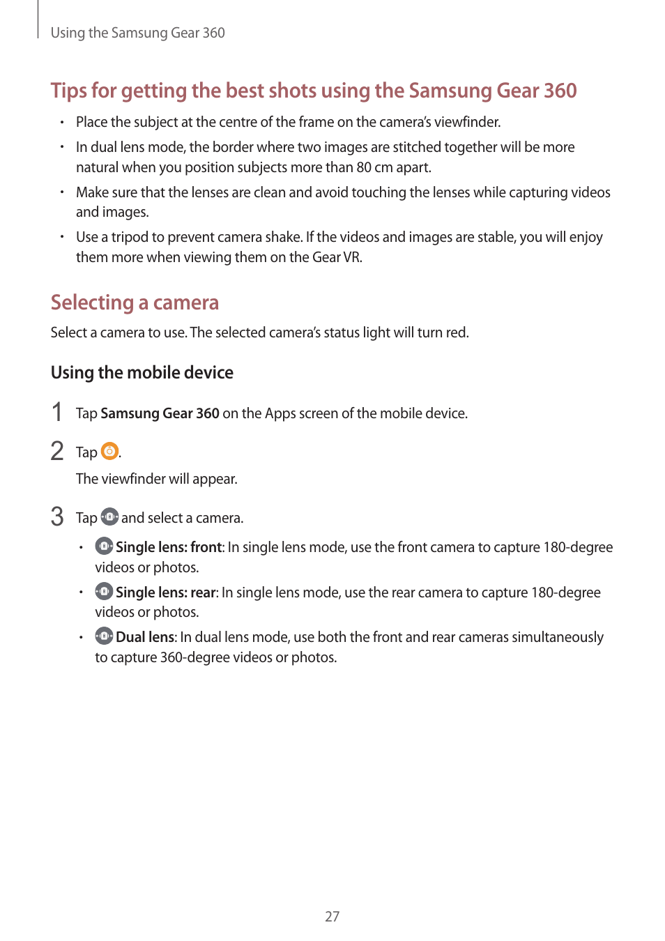 Selecting a camera | Samsung Gear 360 SM-C200 User Manual | Page 27 / 50