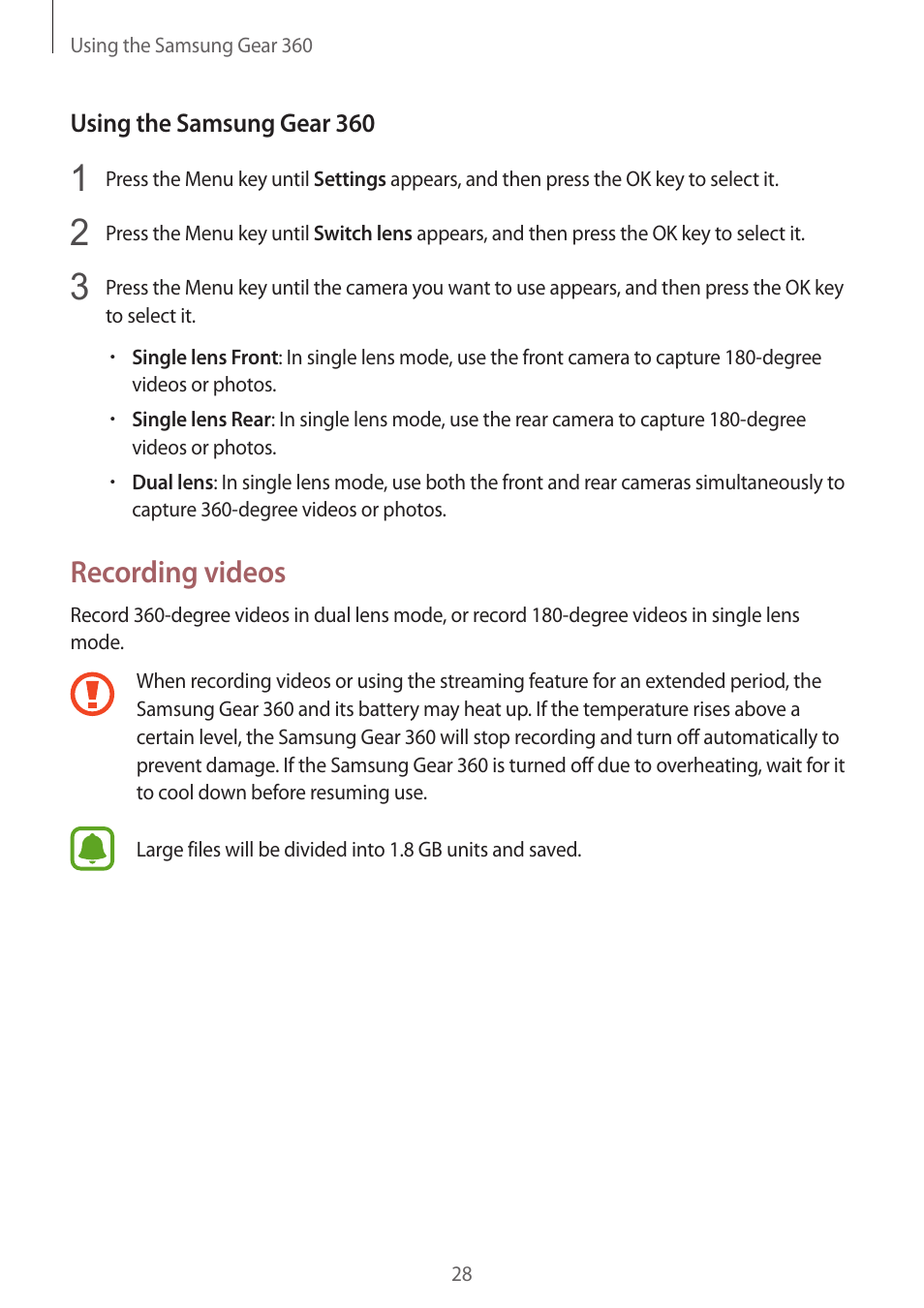 Recording videos | Samsung Gear 360 SM-C200 User Manual | Page 28 / 50