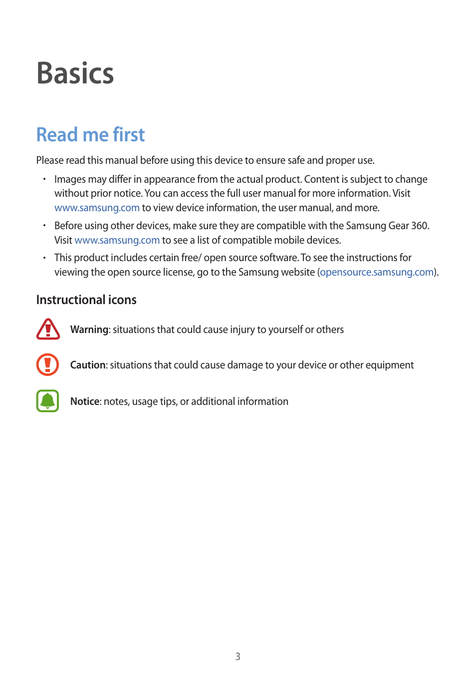 Basics, Read me first | Samsung Gear 360 SM-C200 User Manual | Page 3 / 50