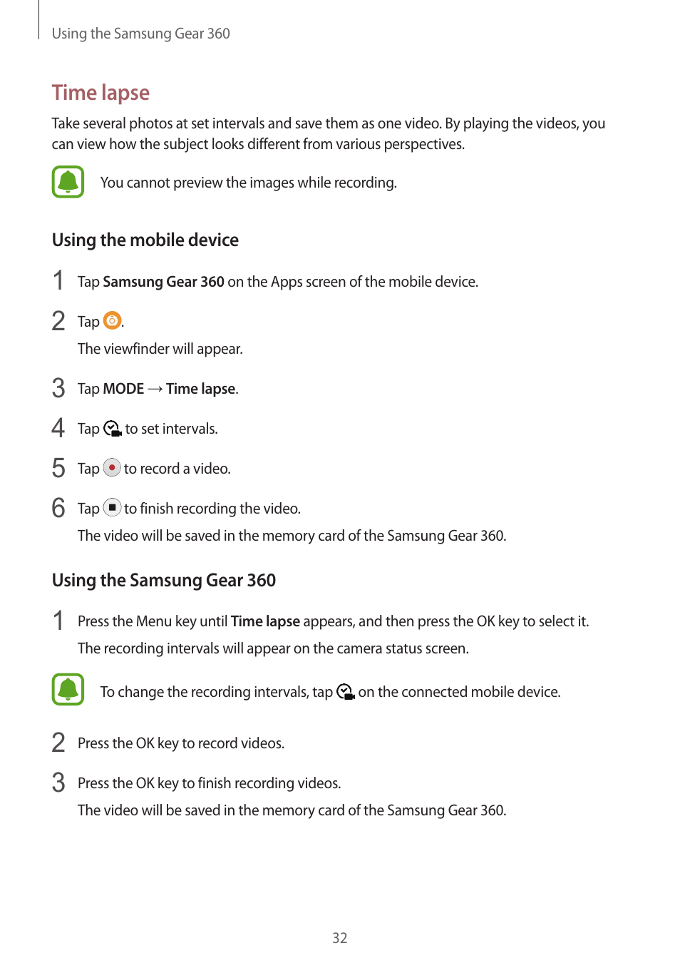 Time lapse | Samsung Gear 360 SM-C200 User Manual | Page 32 / 50
