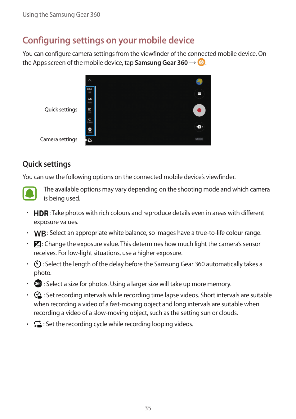 Configuring settings on your mobile device, Quick settings | Samsung Gear 360 SM-C200 User Manual | Page 35 / 50