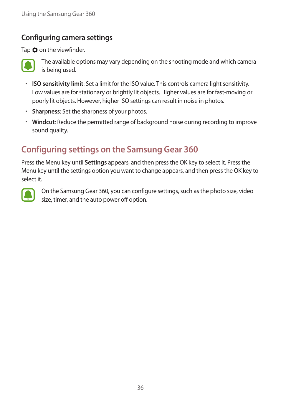Configuring settings on the samsung gear 360, Configuring camera settings | Samsung Gear 360 SM-C200 User Manual | Page 36 / 50