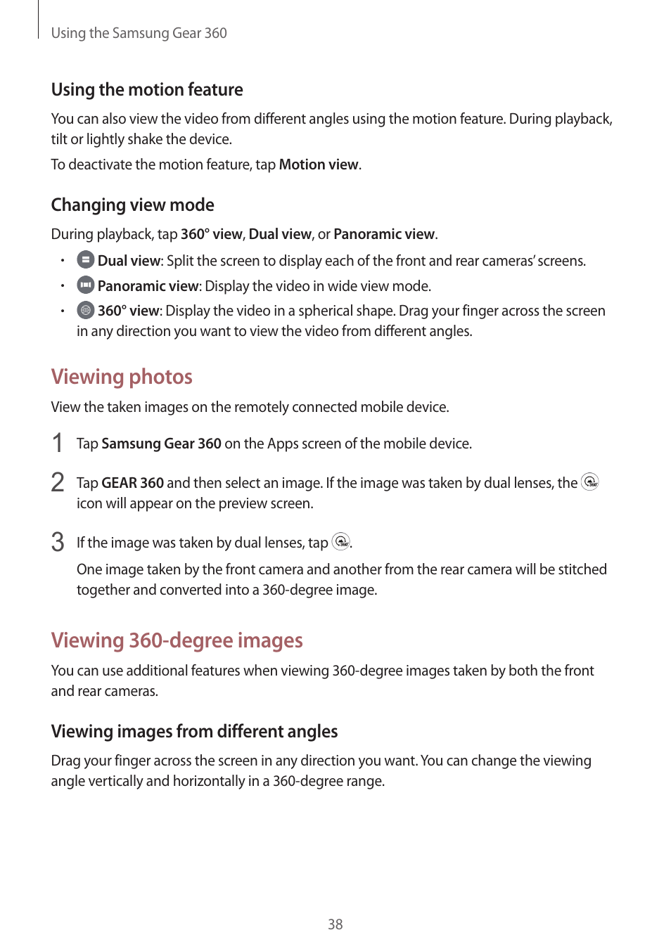 Viewing photos, Viewing 360-degree images | Samsung Gear 360 SM-C200 User Manual | Page 38 / 50