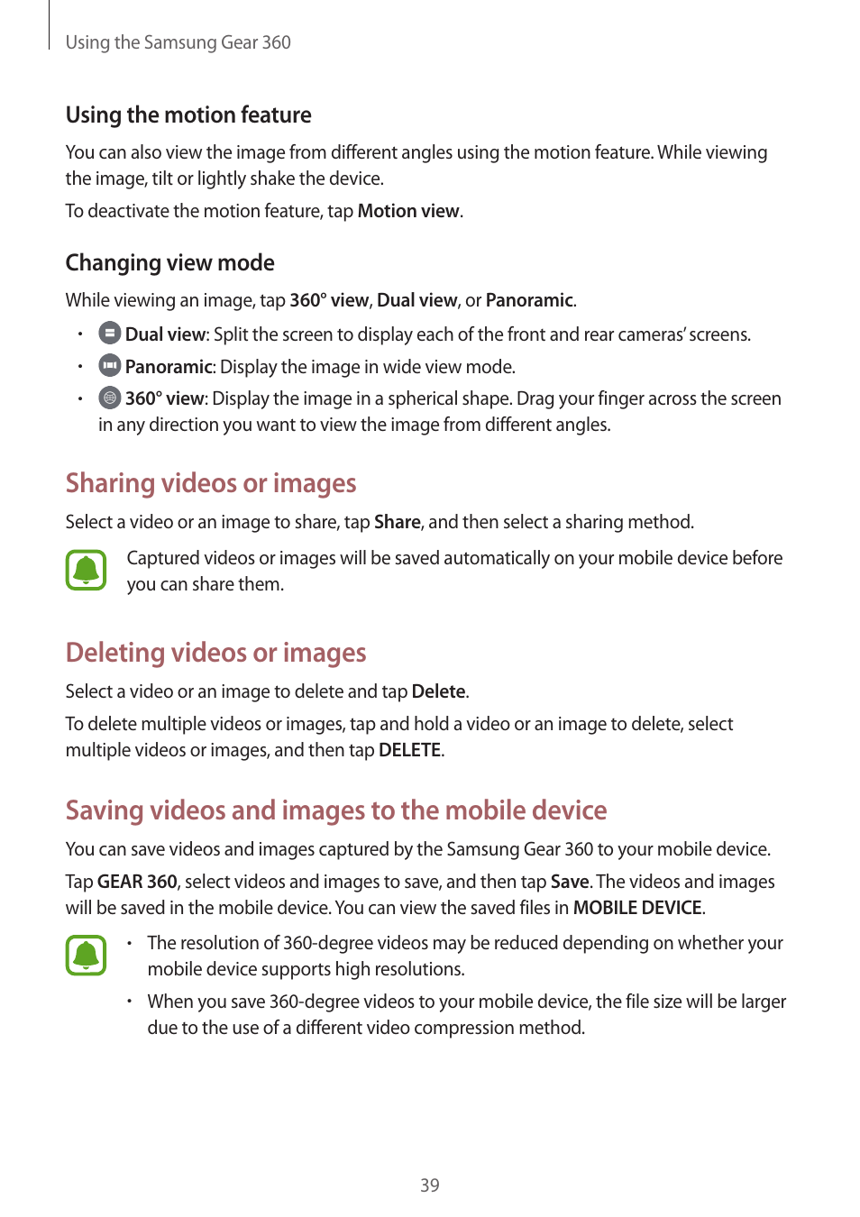 Sharing videos or images, Deleting videos or images, Saving videos and images to the mobile device | Samsung Gear 360 SM-C200 User Manual | Page 39 / 50