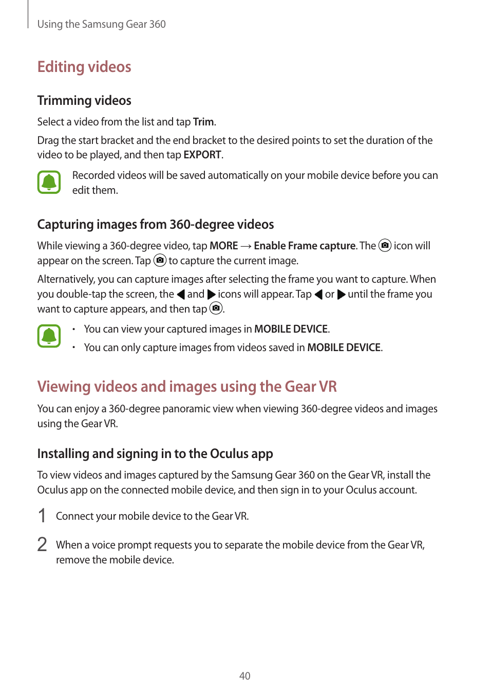 Editing videos, Viewing videos and images using the gear vr | Samsung Gear 360 SM-C200 User Manual | Page 40 / 50