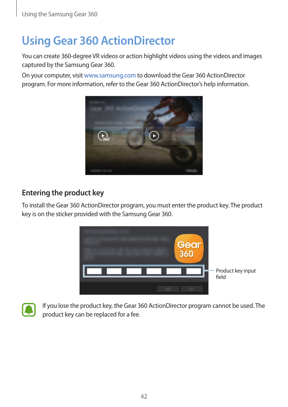 Using gear 360 actiondirector, 42 using gear 360 actiondirector, Entering the product key | Samsung Gear 360 SM-C200 User Manual | Page 42 / 50