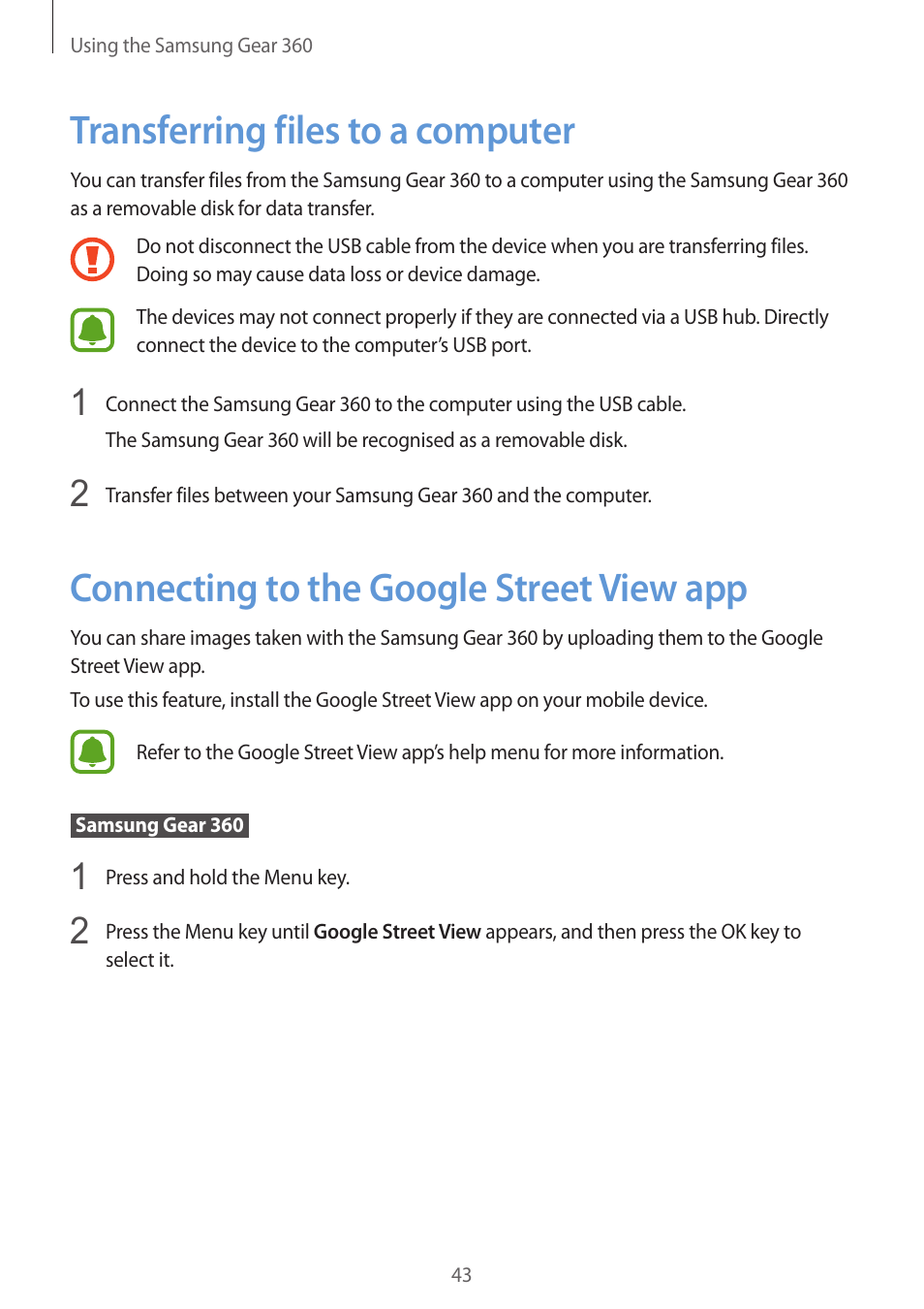 Transferring files to a computer, Connecting to the google street view app, 43 transferring files to a computer | 43 connecting to the google street view | Samsung Gear 360 SM-C200 User Manual | Page 43 / 50
