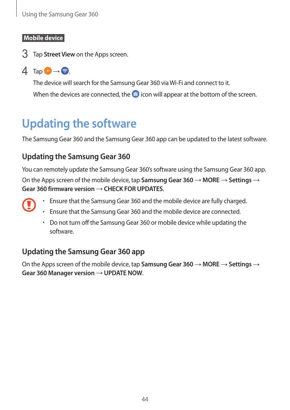 Updating the software, 44 updating the software | Samsung Gear 360 SM-C200 User Manual | Page 44 / 50