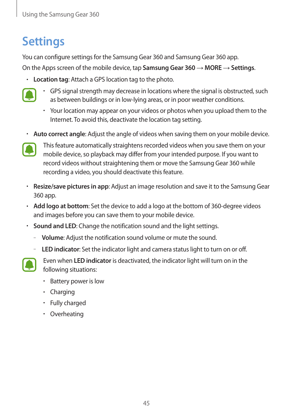 Settings, 45 settings | Samsung Gear 360 SM-C200 User Manual | Page 45 / 50