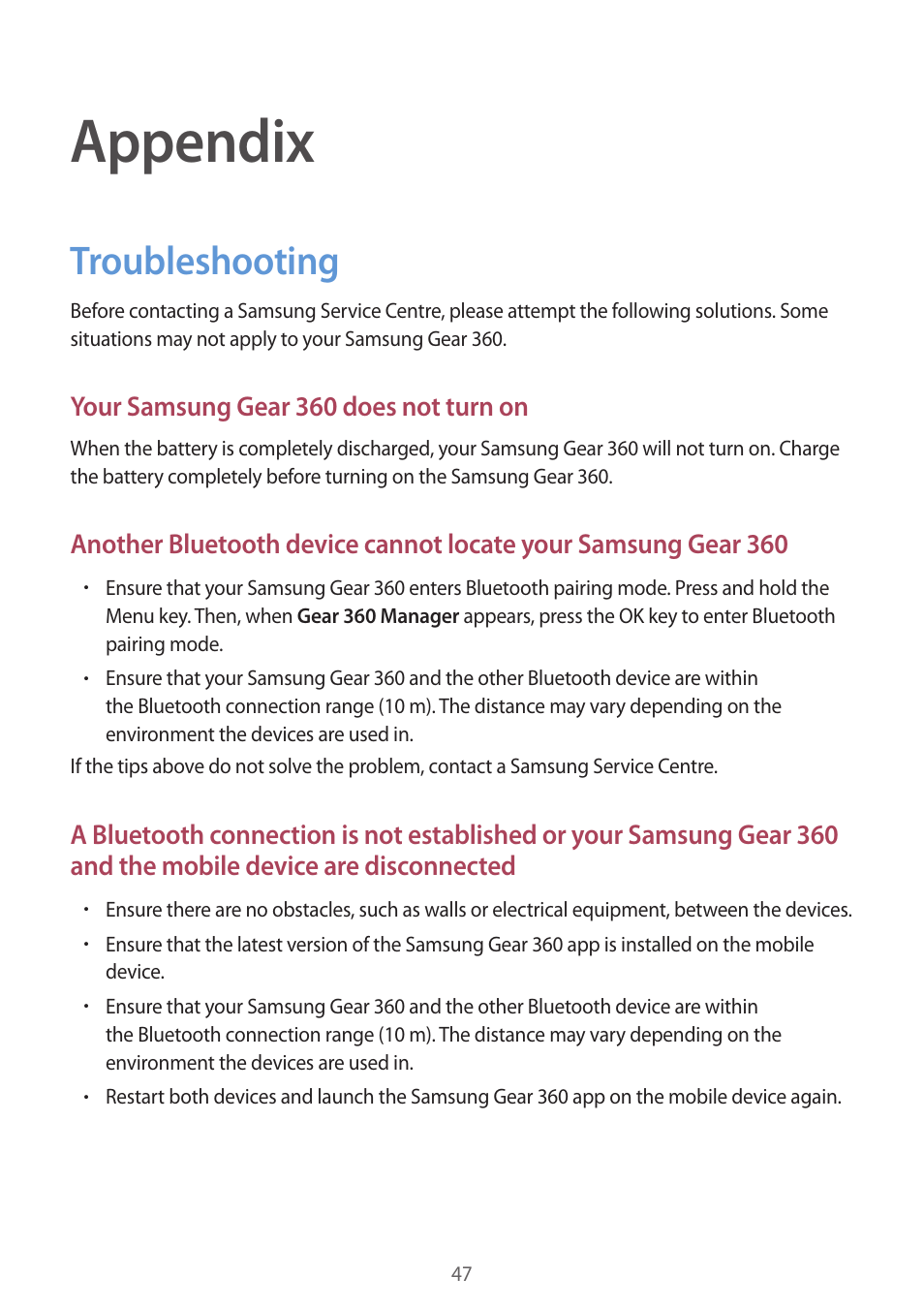 Appendix, Troubleshooting, 47 troubleshooting | Samsung Gear 360 SM-C200 User Manual | Page 47 / 50