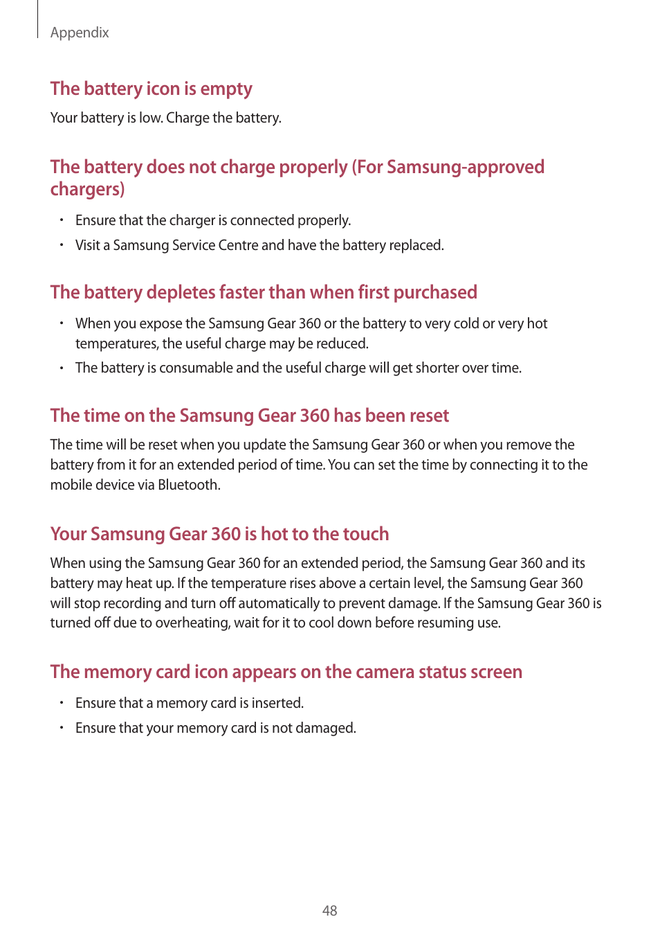 The battery icon is empty, The time on the samsung gear 360 has been reset, Your samsung gear 360 is hot to the touch | Samsung Gear 360 SM-C200 User Manual | Page 48 / 50