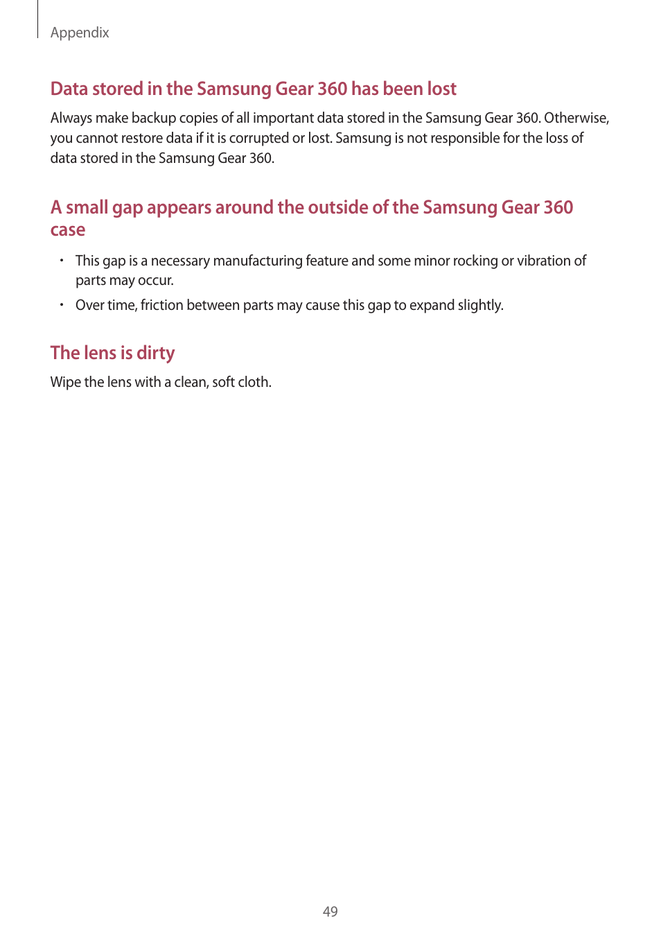 Data stored in the samsung gear 360 has been lost, The lens is dirty | Samsung Gear 360 SM-C200 User Manual | Page 49 / 50