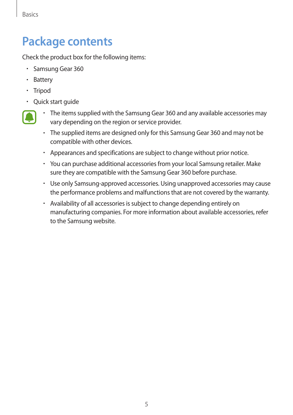 Package contents | Samsung Gear 360 SM-C200 User Manual | Page 5 / 50